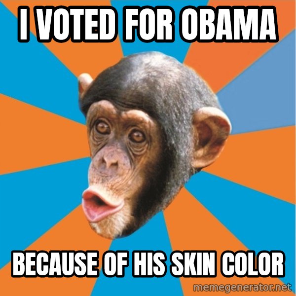 Stupid Monkey meme: I voted for Obama / because of his skin color