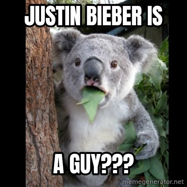 Koala can't believe it meme: Justin bieber is / A guy???
