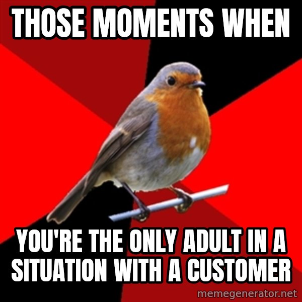Retail Robin meme: THOSE MOMENTS WHEN / YOU'RE THE ONLY ADULT IN A SITUATION WITH A CUSTOMER