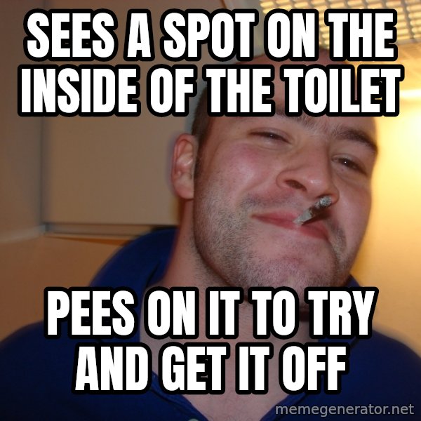 Good Guy Greg meme: sees a spot on the inside of the toilet / pees on it to try and get it off