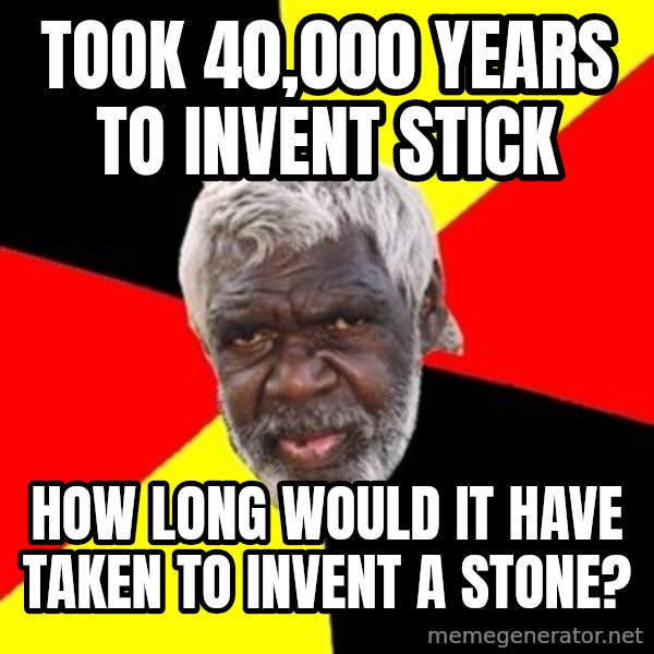 Aboriginal meme: took 40,000 years to invent stick / How long would it have taken to invent a stone?
