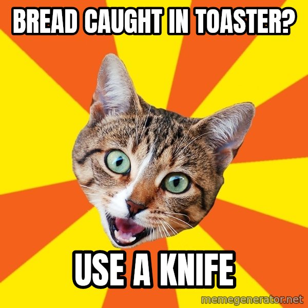 Bad Advice Cat meme: Bread caught in toaster? / Use a knife
