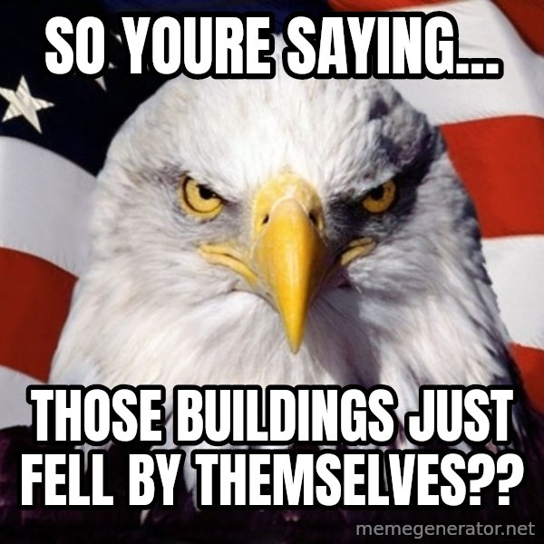 American Pride Eagle meme: So youre saying... / those buildings just fell by themselves??