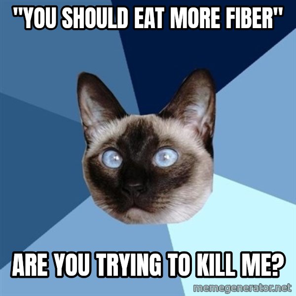 Chronic Illness Cat meme: "You should eat more fiber" / Are you trying to kill me?