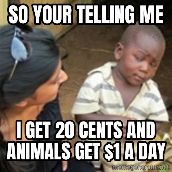 Skeptical 3rd World Kid meme: so your telling me / i get 20 cents and animals get $1 a day