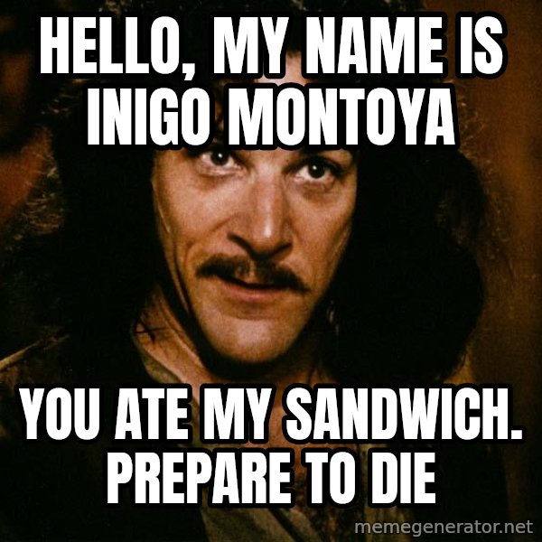 Inigo Montoya meme: Hello, my name is               inigo montoya / You ate my sandwich.    prepare to die