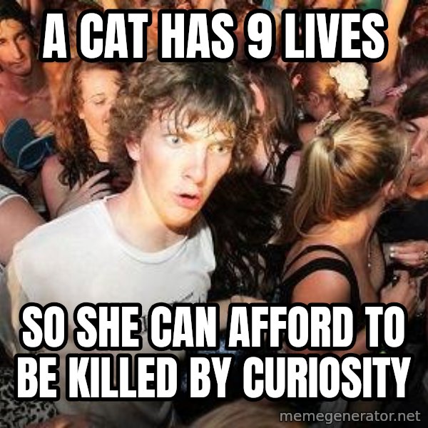 Sudden Realization Ralph meme: A Cat has 9 lives / so she can afford to be killed by curiosity