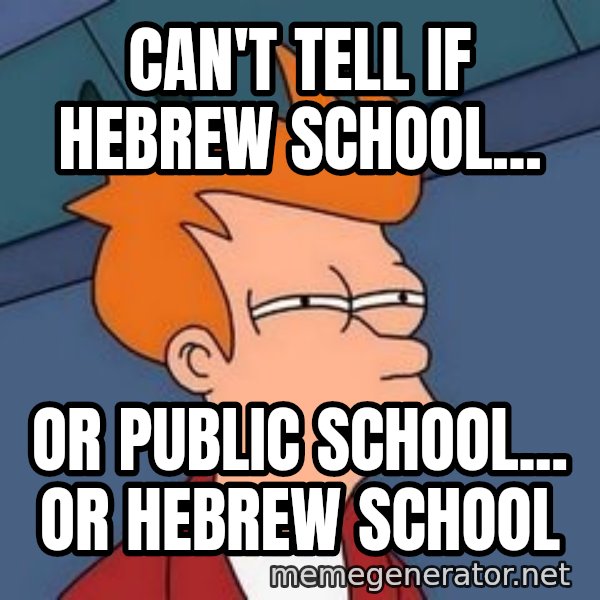 Fry squint meme: Can't tell if hebrew school... / or public school... or hebrew school