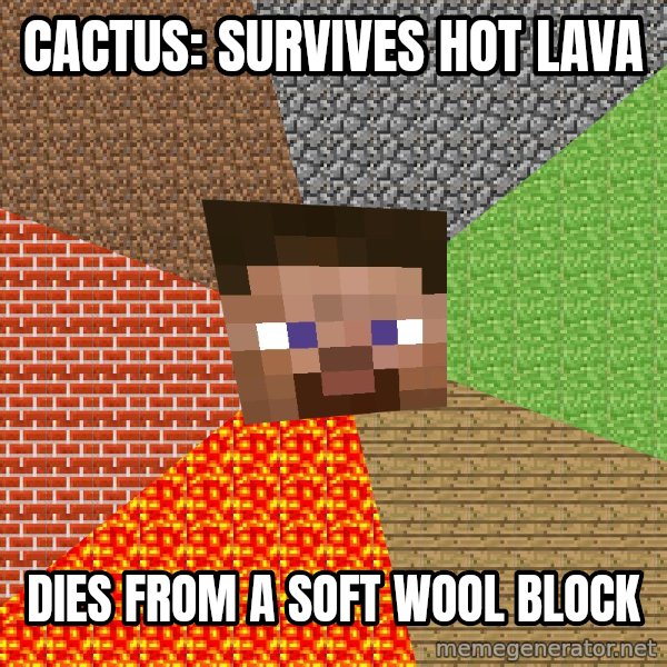 Minecraft Guy meme: cactus: survives hot lava / dies from a soft wool block