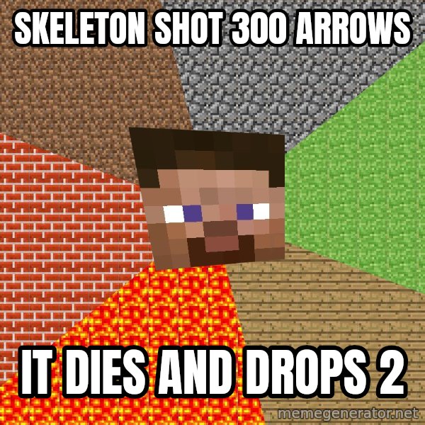 Minecraft Guy meme: skeleton shot 300 arrows / it dies and drops 2