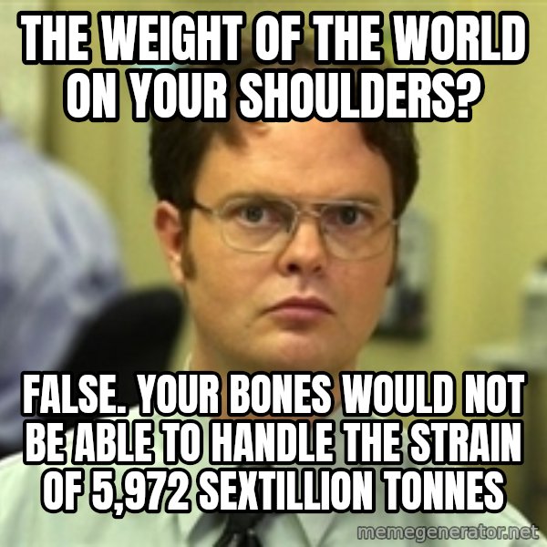 Dwight Schrute meme: The weight of the world on your shoulders? / False. Your bones would not be able to handle the strain of 5,972 sextillion tonNes