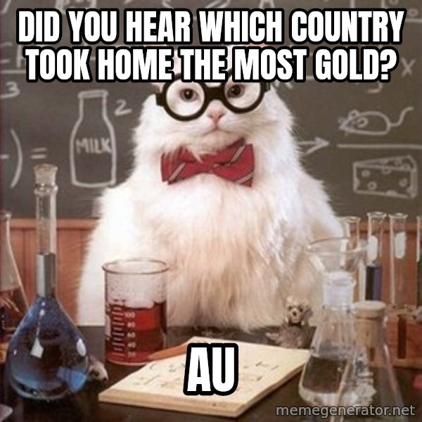Chemistry Cat meme: did you hear which country took home the most gold? / AU
