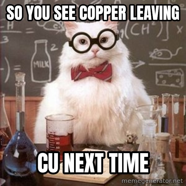 Chemistry Cat meme: so you see copper leaving / cu next time