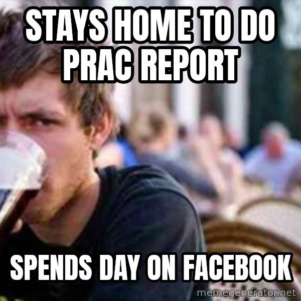 The Lazy College Senior meme: Stays home to do prac report / spends day on facebook