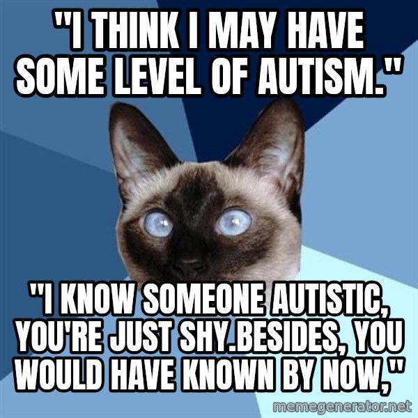 Chronic Illness Cat meme: "I THINK I MAY HAVE SOME LEVEL OF AUTISM." / "i know someone autistic, you're just shy.besides, you would have known by now,"