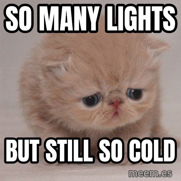 Super Sad Cat meme: So many lights / but still so cold