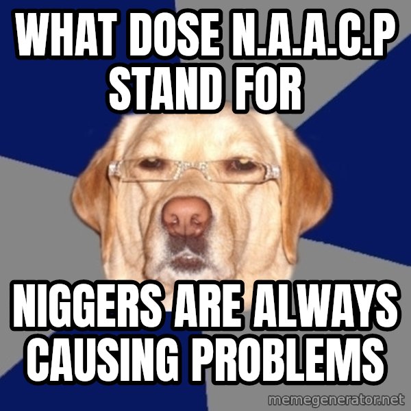 Racist Dawg meme: WHAT DOSE N.A.A.C.P STAND FOR / NIGGERS ARE ALWAYS CAUSING PROBLEMS