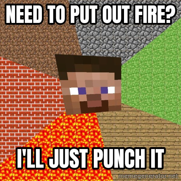 Minecraft Guy meme: Need to put out fire? / i'll just punch it