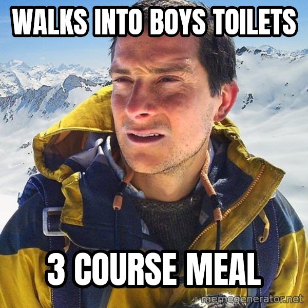 Bear Grylls Loneliness meme: WALKS INTO BOYS TOILETS / 3 COURSE MEAL