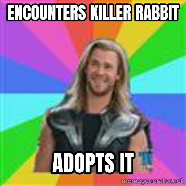 Overly Accepting Thor meme: encounters killer rabbit / adopts it