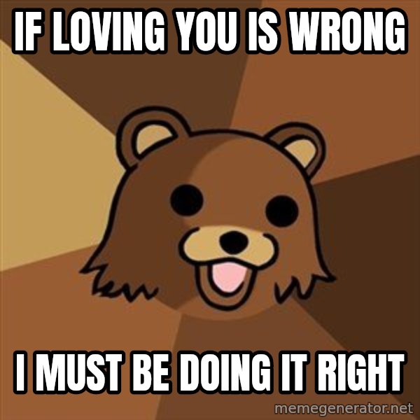 Pedobear meme: if loving you is wrong / i must be doing it right