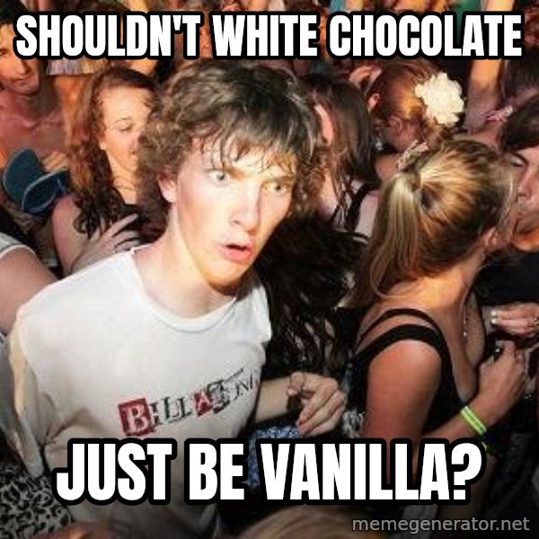 Sudden Realization Ralph meme: shouldn't white chocolate / just be vanilla?