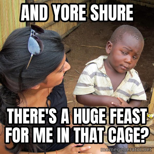 Skeptical African Child meme: And yore shure / There's a huge feast for me in that cage?