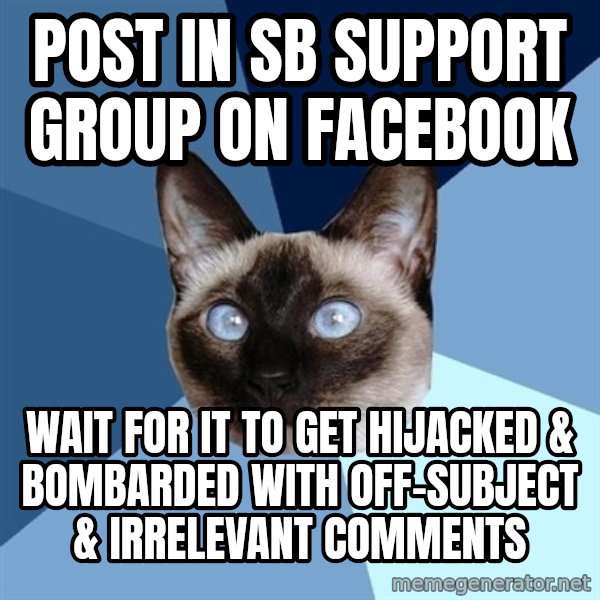 Chronic Illness Cat meme: post in sb support group on facebook / wait for it to get hijacked & bombarded with off-subject & irrelevant comments