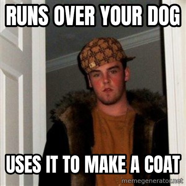 Scumbag Steve meme: runs over your dog / uses it to make a coat