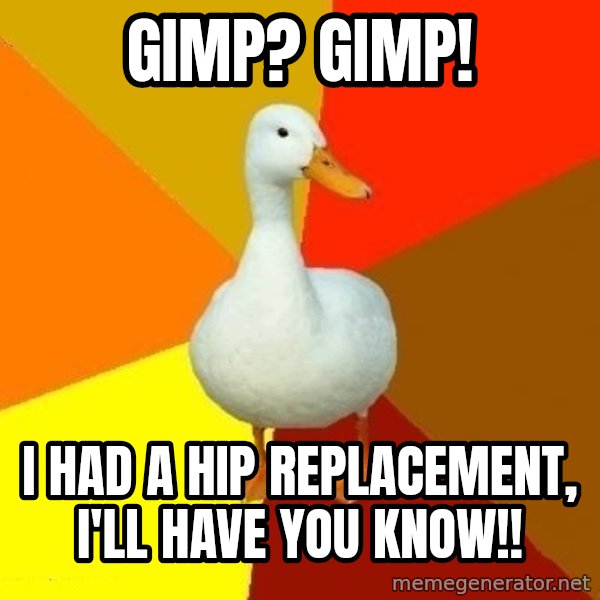 Technologically Impaired Duck meme: gimp? gimp! / i had a hip replacement, i'll have you know!!