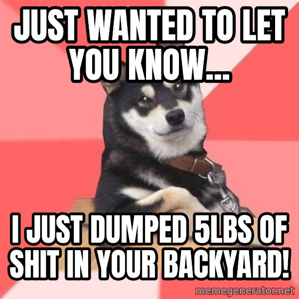 Cool Dog meme: JUST WANTED TO LET YOU KNOW... / I JUST DUMPED 5LBS OF SHIT IN YOUR BACKYARD!
