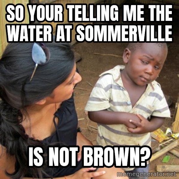 skeptical black kid meme: SO YOUR TELLING ME THE WATER AT SOMMERVILLE / IS NOT BROWN?