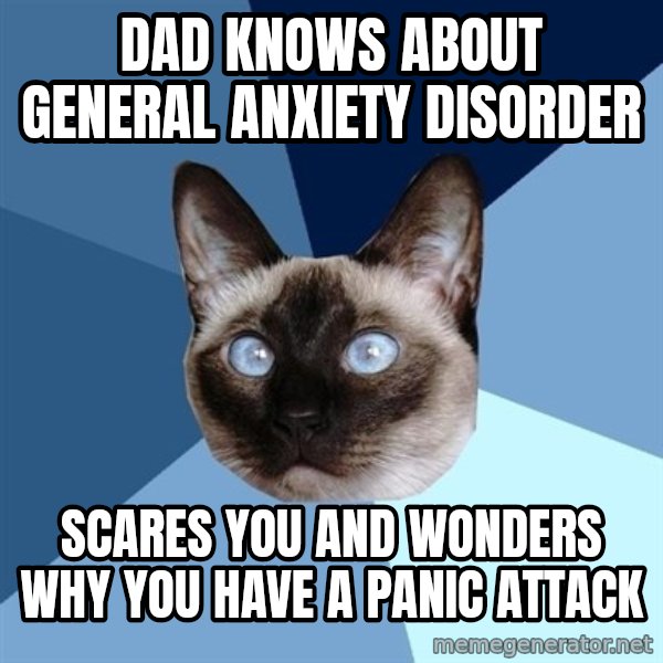 Chronic Illness Cat meme: DAD KNOWS ABOUT GENERAL ANXIETY DISORDER / SCARES YOU AND WONDERS WHY YOU HAVE A PANIC ATTACK