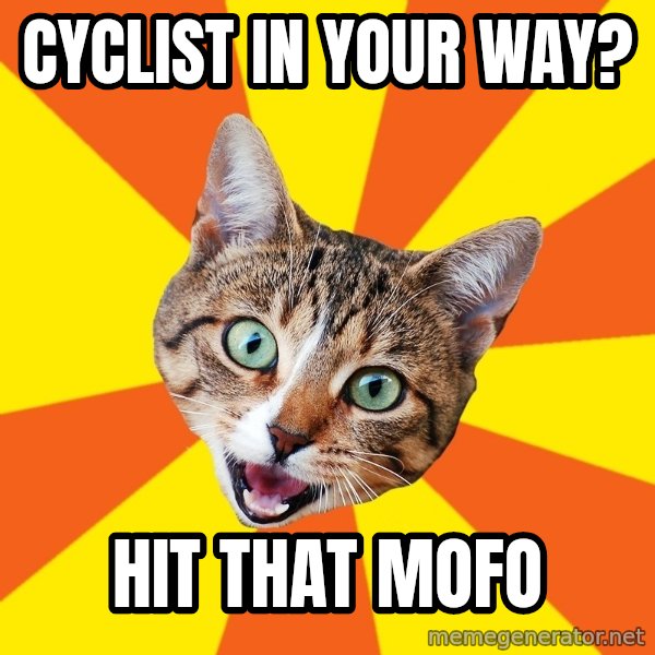 Bad Advice Cat meme: cyclist in your way? / hit that mofo