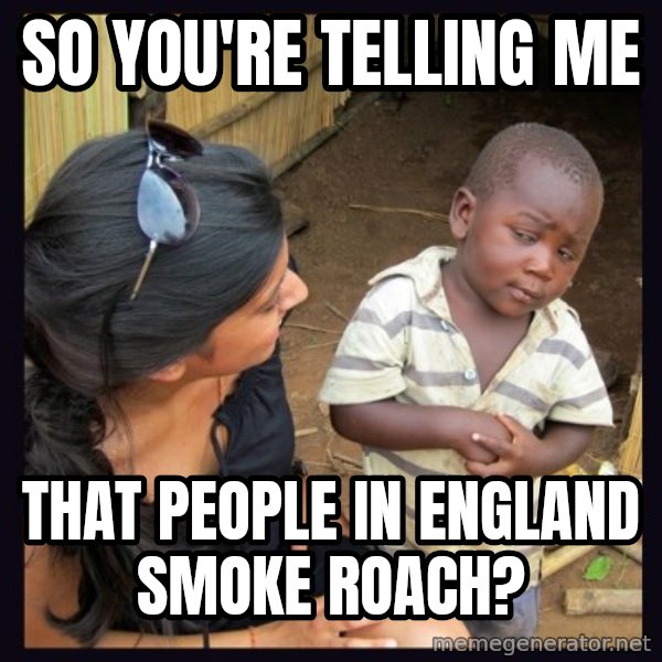 Skeptical third-world kid meme: So you're telling me / That people in england smoke roach?