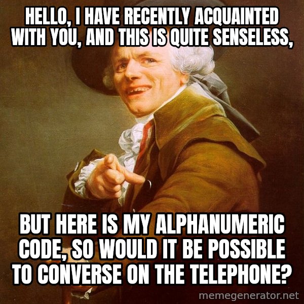 Joseph Ducreux meme: hello, I HAVE RECENTLY ACQUAINTED WITH YOU, AND THIS IS QUITE SENSELESS, / BUT HERE IS MY ALPHANUMERIC CODE, SO WOULD IT BE POSSIBLE TO converse on the telephone?