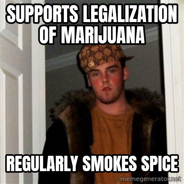 Scumbag Steve meme: Supports legalization of marijuana / Regularly smokes spice