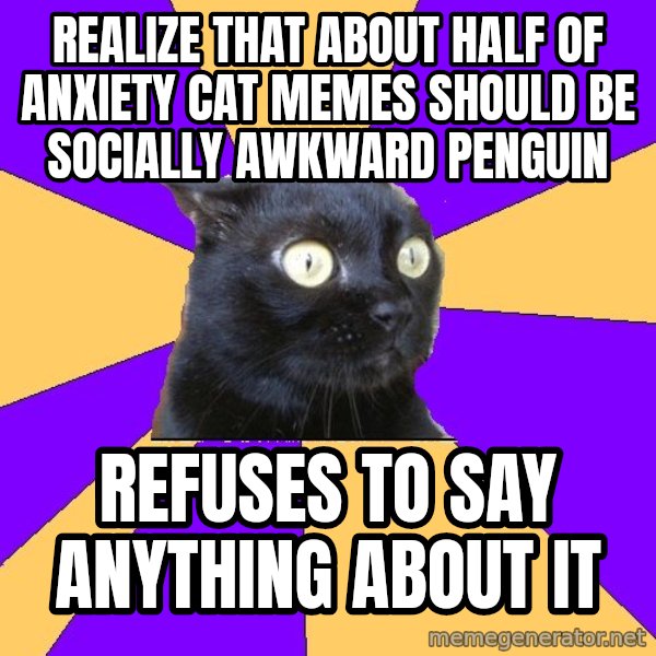 Anxiety Cat meme: Realize that about half of anxiety cat memes should be socially awkward penguin / refuses to say anything about it