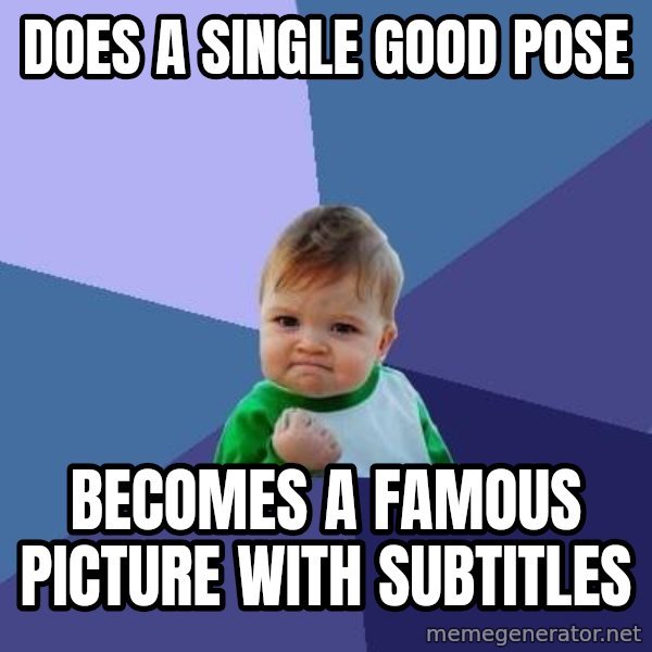 Success Kid meme: does a single good pose / becomes a famous picture with subtitles