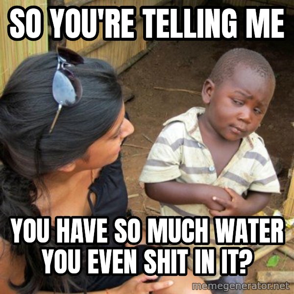 Skeptical 3rd World Kid meme: so you're telling me / you have so much water you even shit in it?