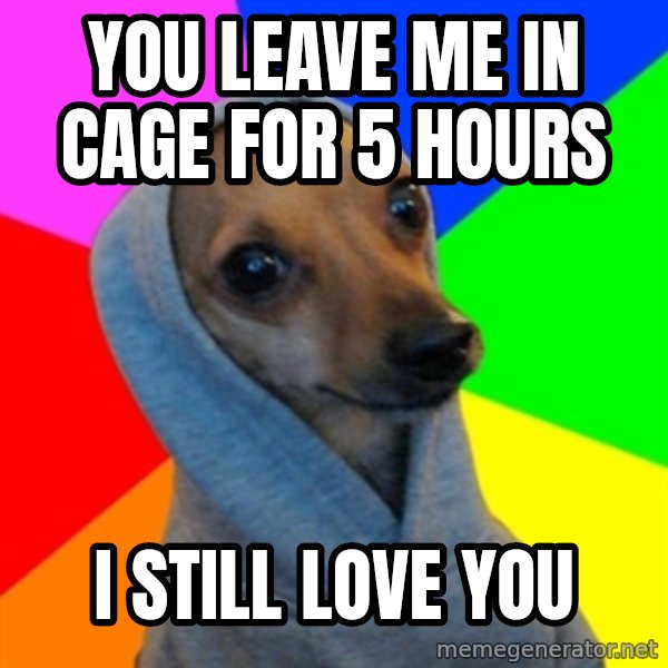 Good Guy Greg's dog meme: YOU LEAVE ME IN CAGE FOR 5 HOURS / I STILL LOVE YOU