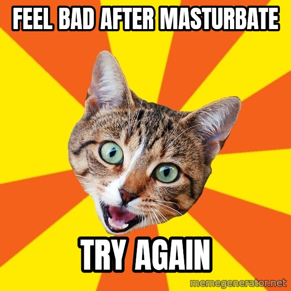 Bad Advice Cat meme: feel bad after masturbate / try again