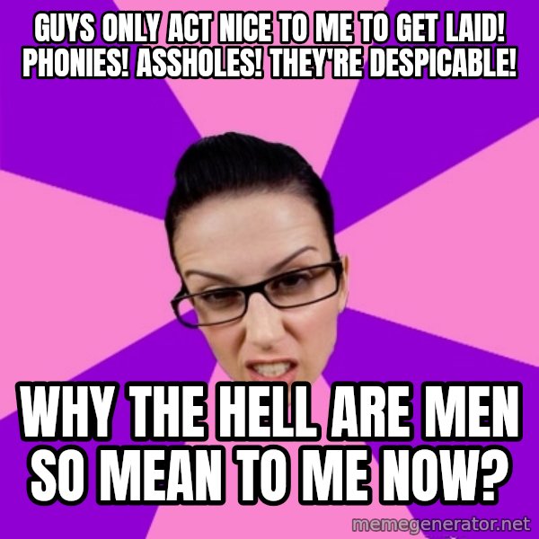 Privilege Denying Feminist meme: guys only act nice to me to get laid! phonies! assholes! they're despicable! / why the hell are men so mean to me now?