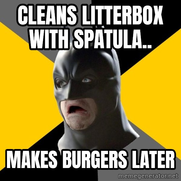 Bad Factman meme: cleans litterbox with spatula.. / makes burgers later
