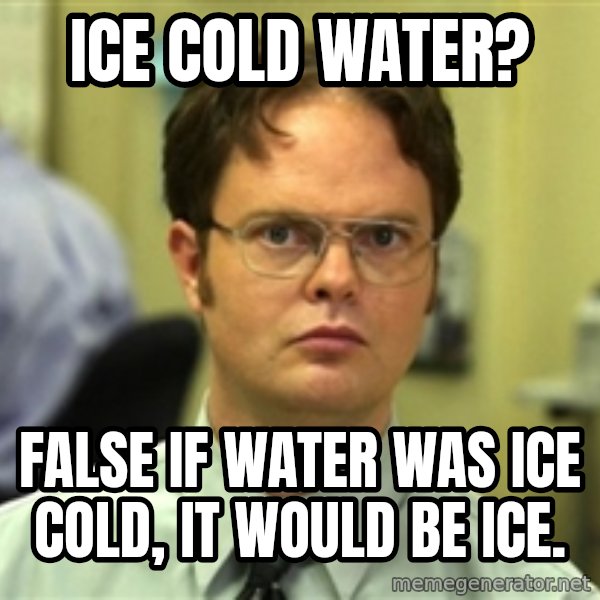 Dwight Schrute meme: ICE COLD WATER? / FALSE IF WATER WAS ICE COLD, IT WOULD BE ICE.