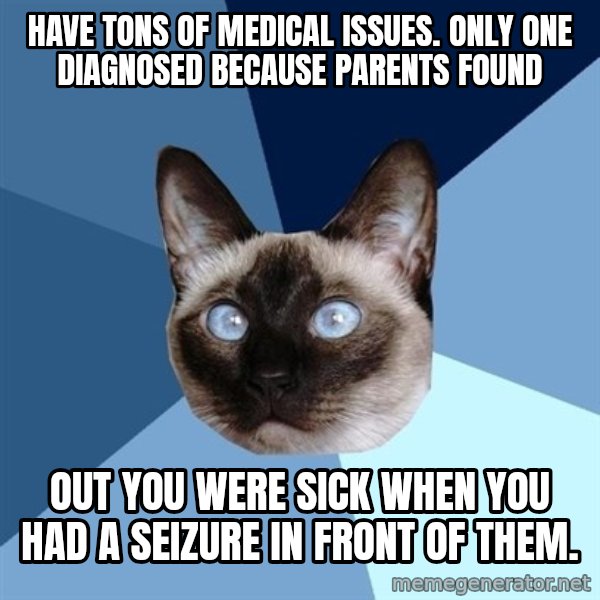 Chronic Illness Cat meme: have tons of medical issues. Only one diagnosed because parents found / out you were sick when you had a seizure in front of them.