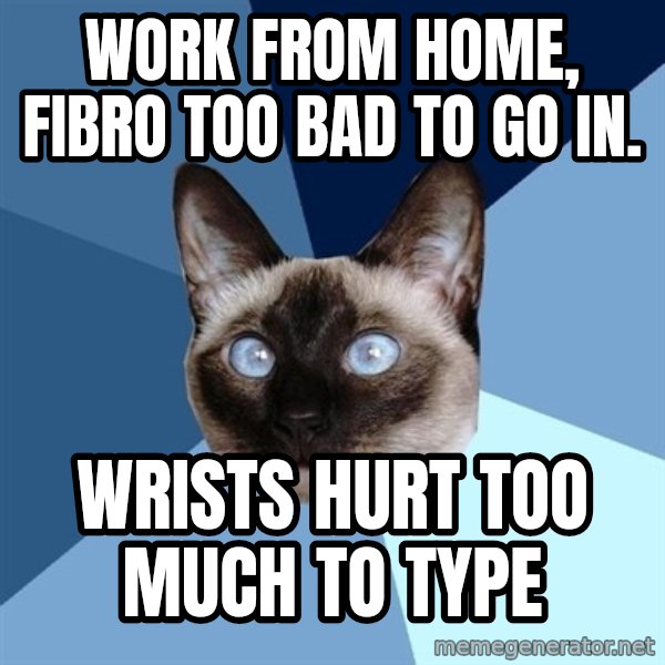 Chronic Illness Cat meme: work from home, fibro too bad to go in. / wrists hurt too much to type