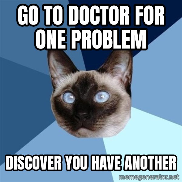 Chronic Illness Cat meme: go to doctor for one problem / discover you have another