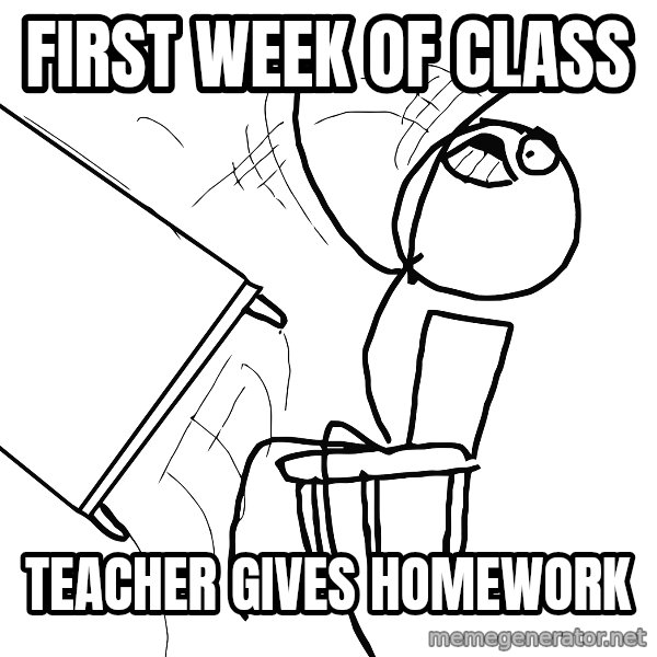 Desk Flip Rage Guy meme: first week of class / teacher gives homework