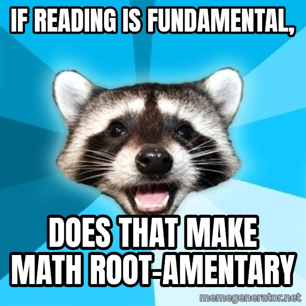 Lame Pun Coon meme: if reading is fundamental, / does that make math root-amentary